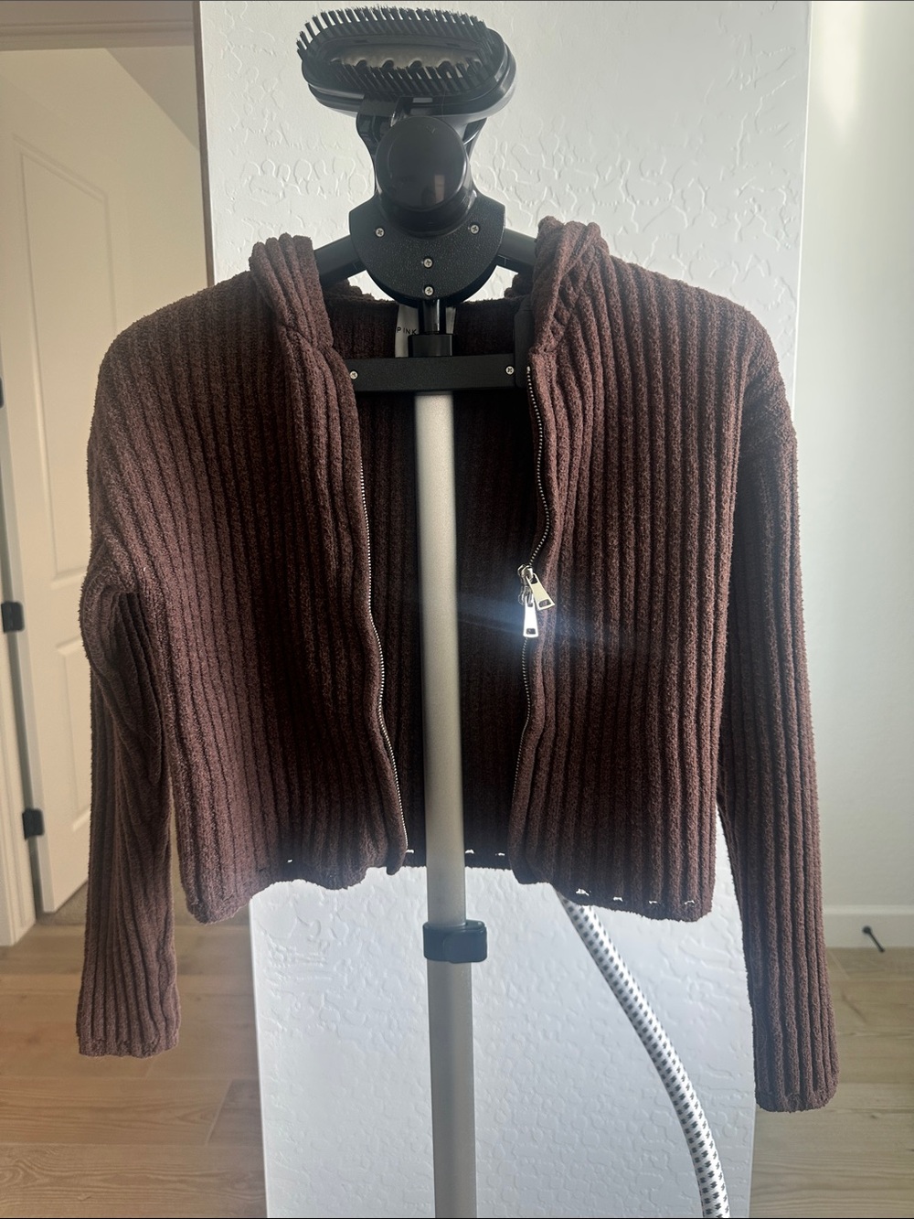 Pink Rose Ribbed Zip-Up Hooded Cardigan - Chocolate Brown